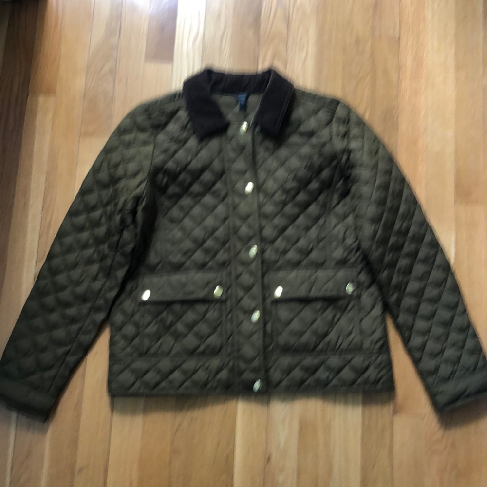 JCrew quilted down olive jacket w corduroy collar